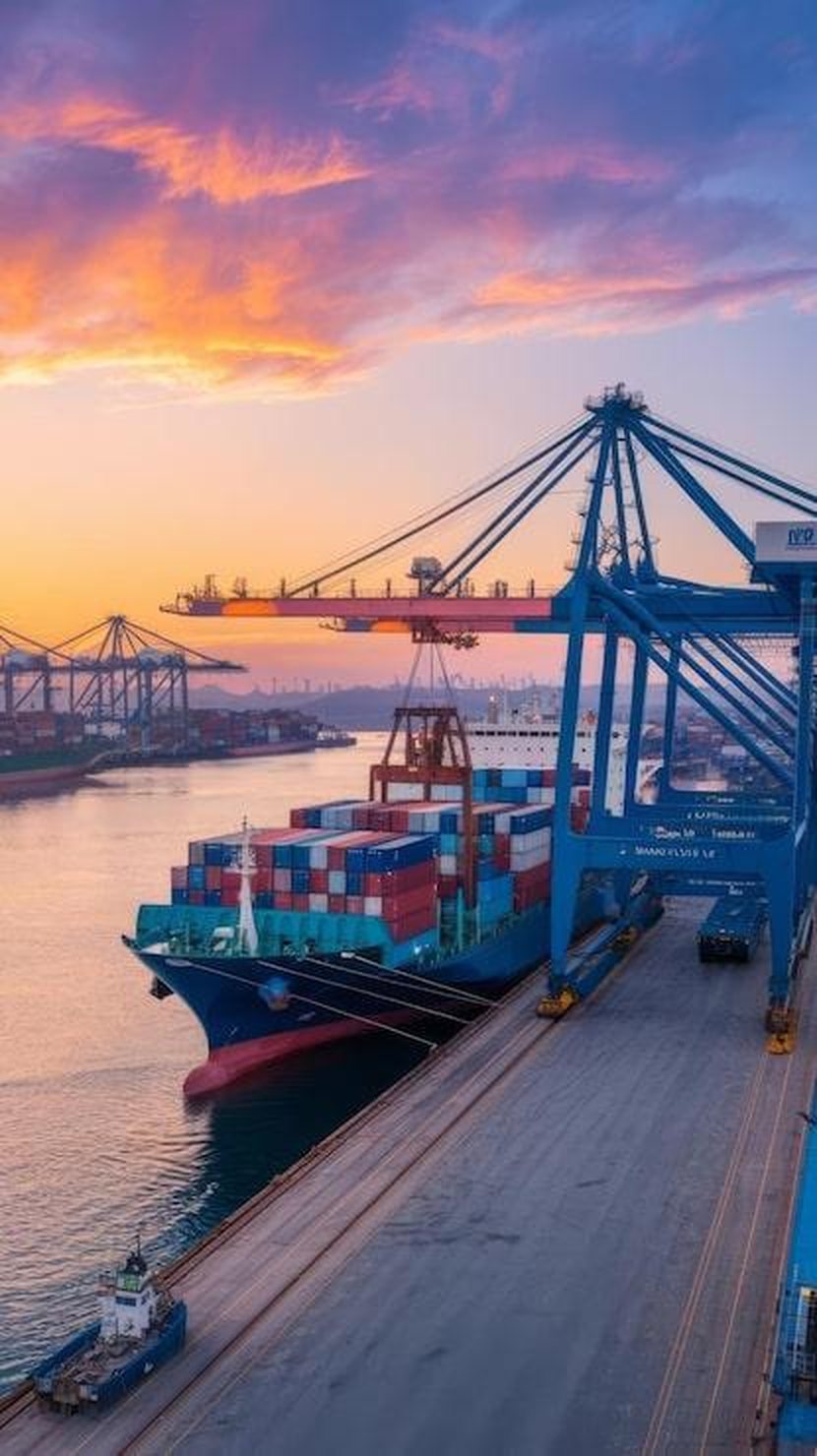 Container vessel berthed at a port terminal at sunset