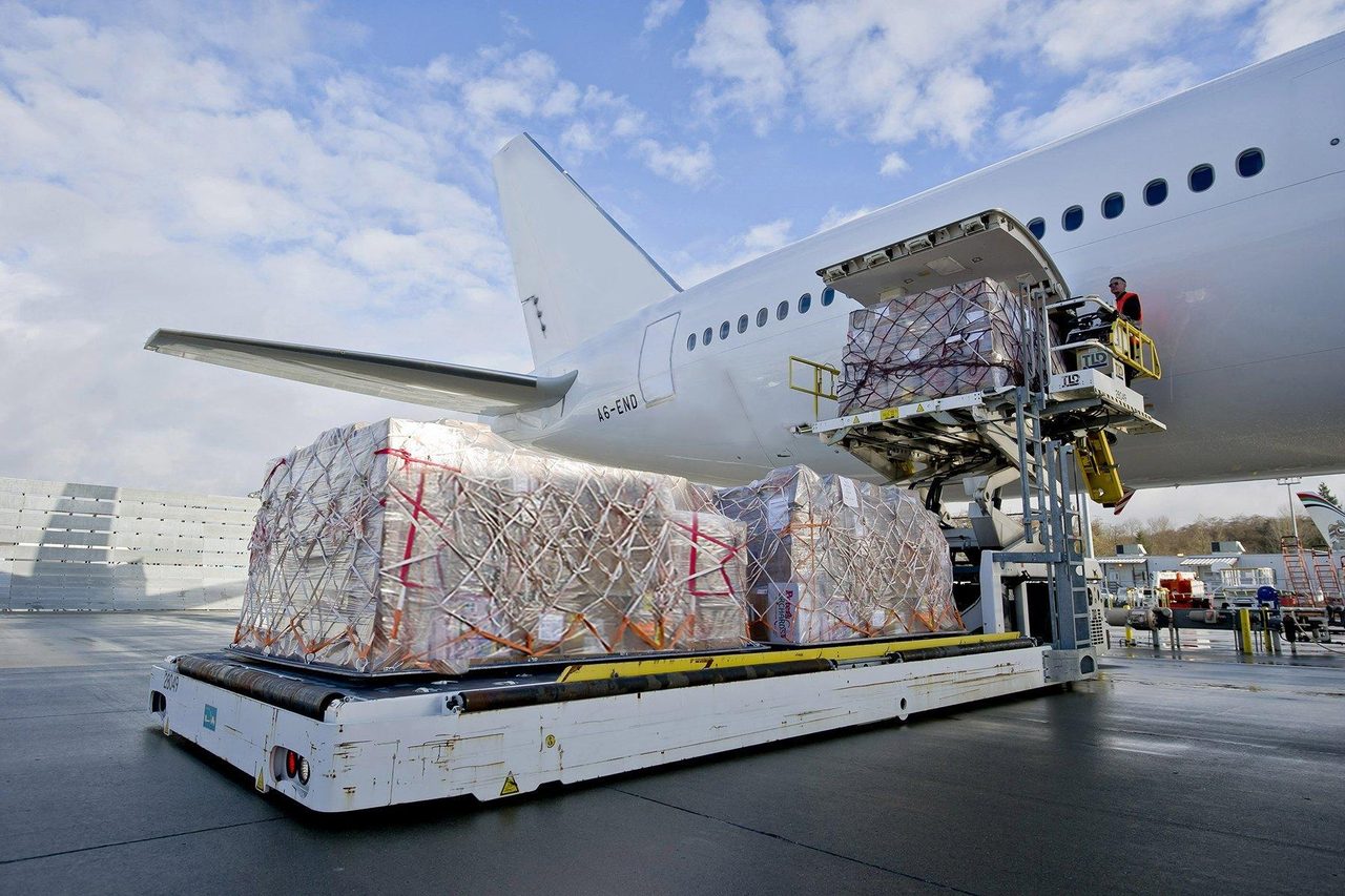 Air cargo being loaded onto a freighter aircraft