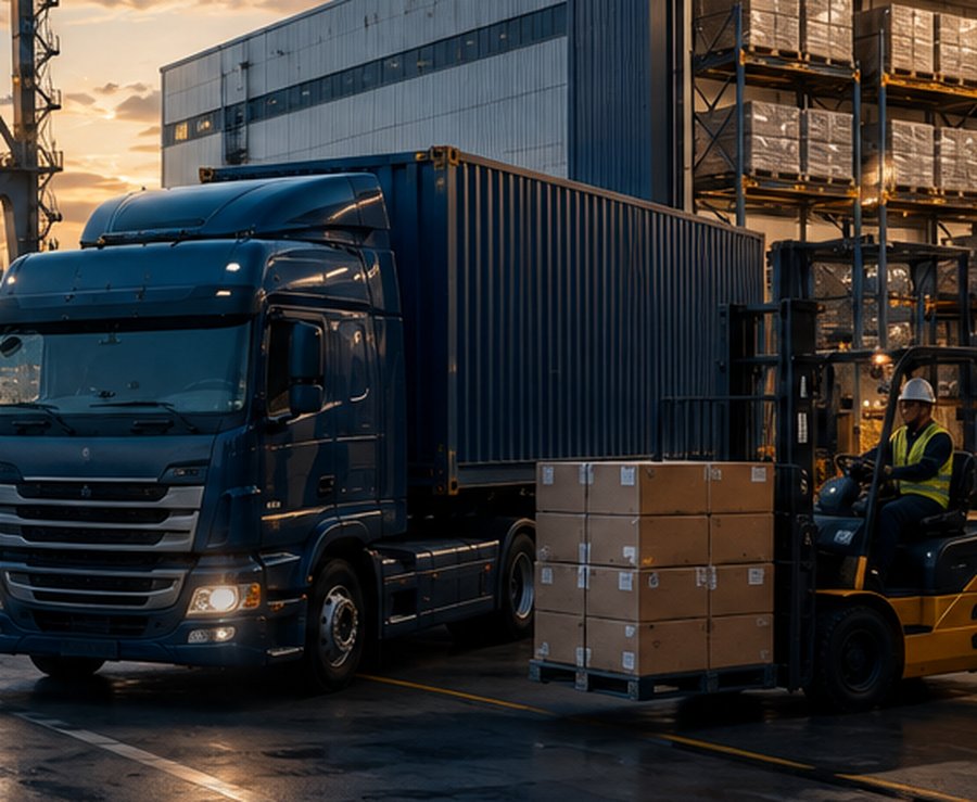 Haulage truck loading at a distribution warehouse