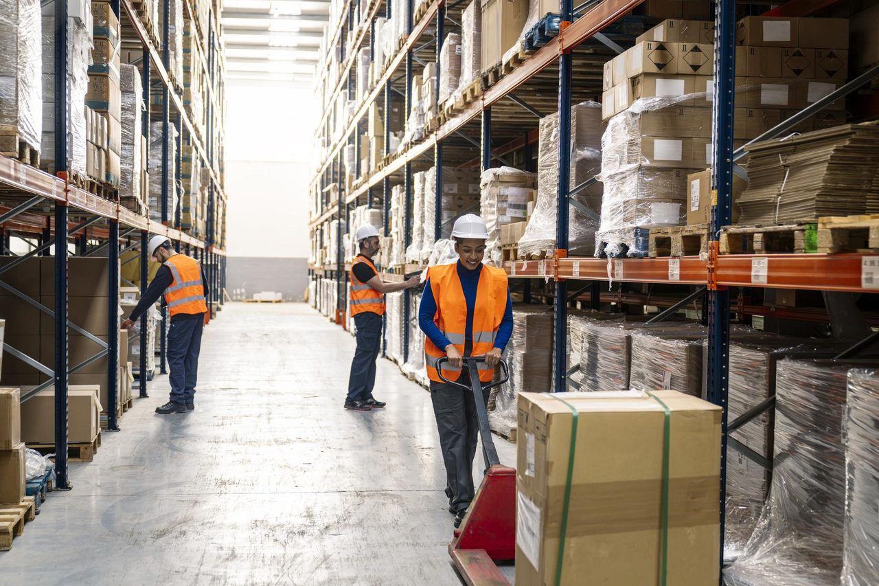 Warehouse team handling palletised cargo